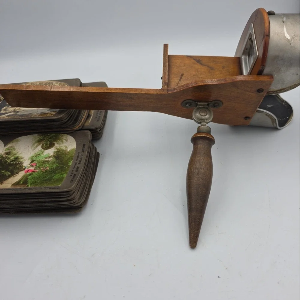 Antique Underwood Stereoscope Viewer Metal Wood and 60 Stereoview Sepia Cards